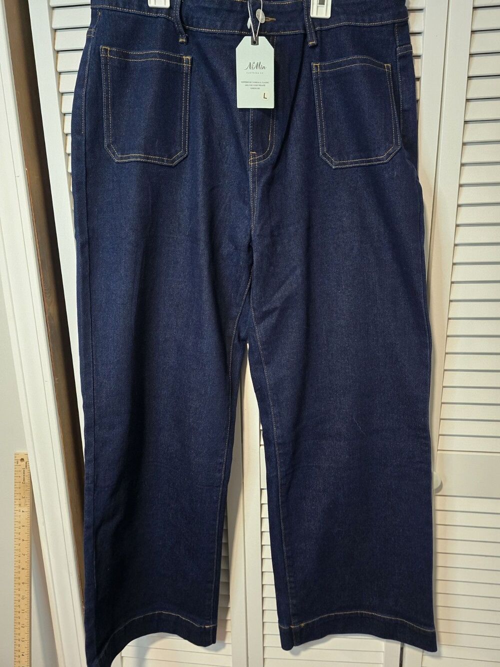 Nimin Women’s Dark Indigo Wide Leg Jeans Size L NWT Patch Pocket Denim